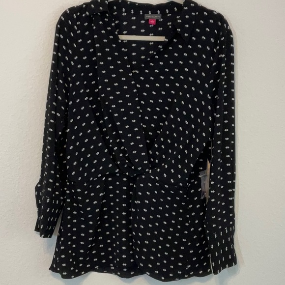 Vince Camuto Long Sleeve Faux Wrap Blouse Black White Large - Picture 2 of 14